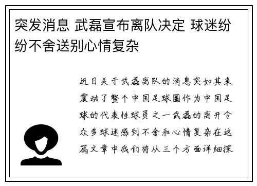 突发消息 武磊宣布离队决定 球迷纷纷不舍送别心情复杂